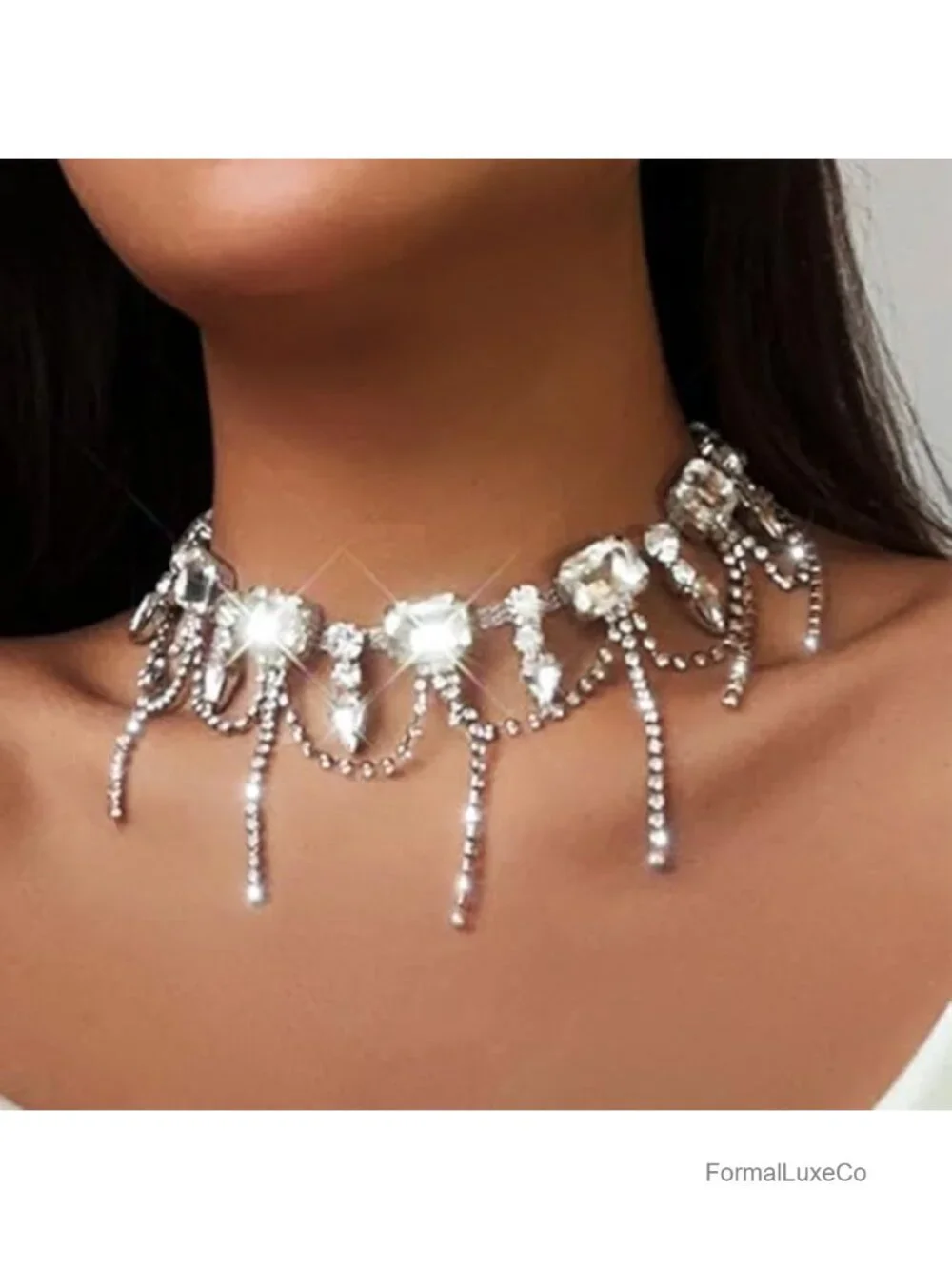 Silver Rhinestone Choker Necklace Sparkly Crystal Tassel Collar Prom Wedding
